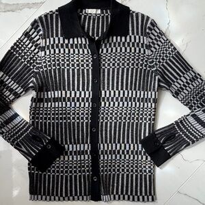 ecru Black and White Geometric Button-Front Cardigan